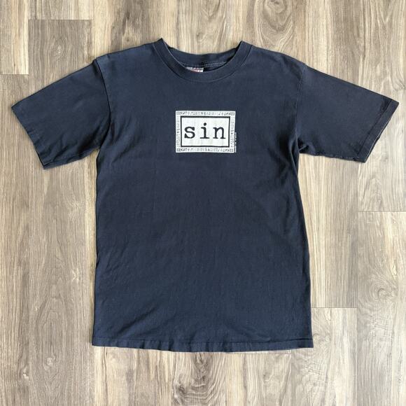 Vintage 1990s Sin T-Shirt Size L Black Faded Art Box Logo RARE M/L - Picture 2 of 6